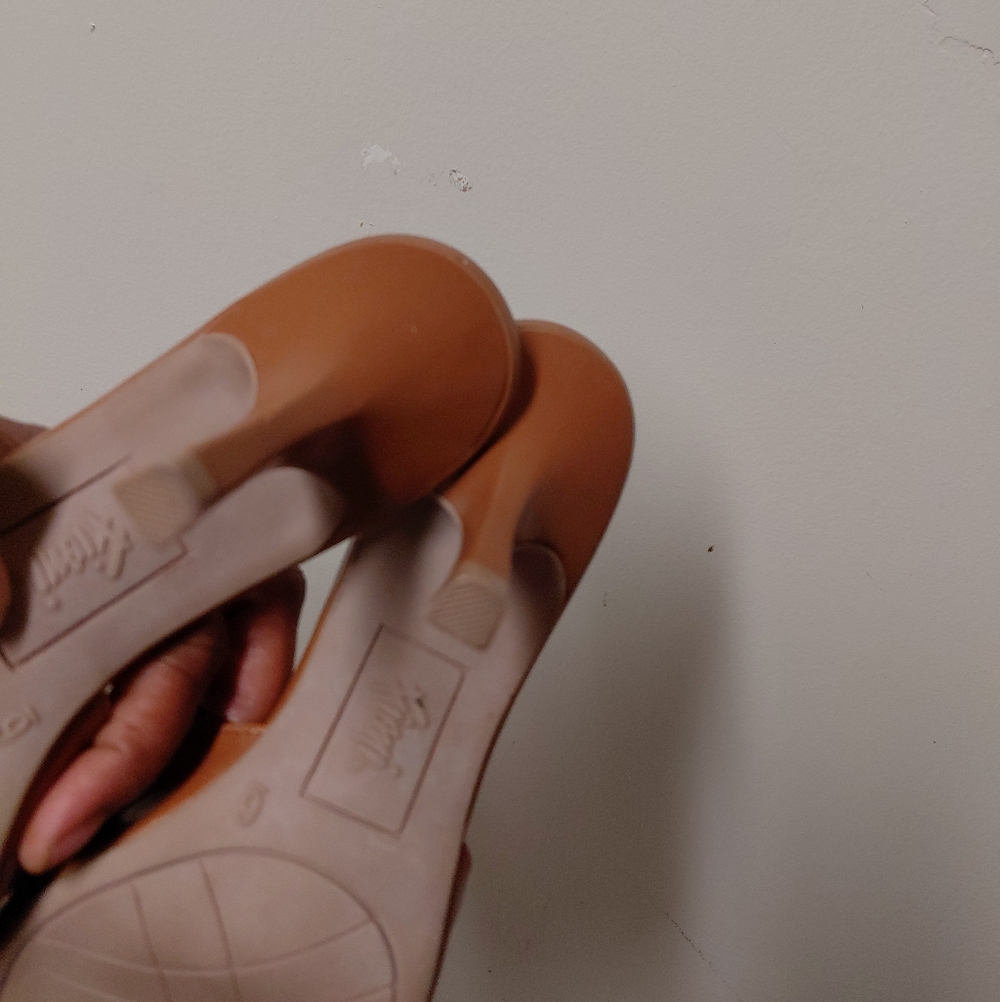 Fioni Camel Colored Brown Faux Leather Buckle Open Toe Heeled Mules 6 - Picture 7 of 13